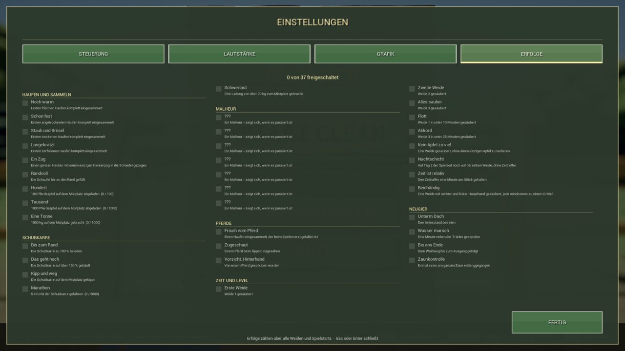 Die Liste der Erfolge im Einstellungsdialog